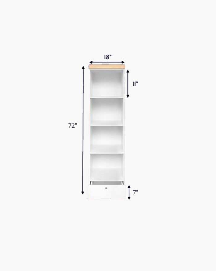 72 inches tall white display rack with four shelves and one drawer