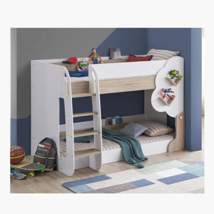 minimalist white and light oak kiddie bunk bed