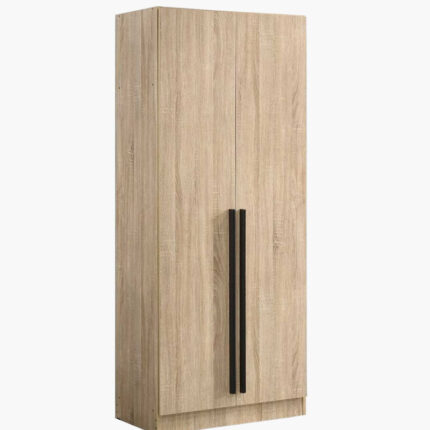 two door light oak wardrobe with black minimalist handles