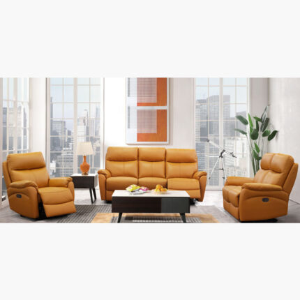 An orange leatherd sofa with two reclining chairs on its both sides