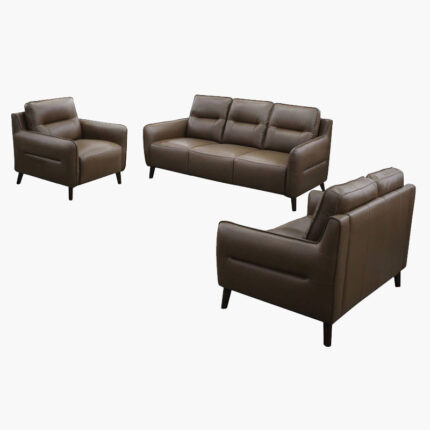 A brown coloured leather sofa and two reclining chairs.