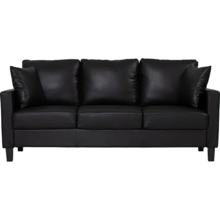 3-seater black leather sofa with 2 black pillows
