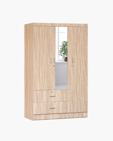 Light brown 3-door wardrobe with drawers and mirror