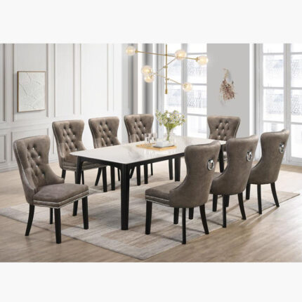 Scandinavian-inspired dining set with 8 grey upholstered single chairs