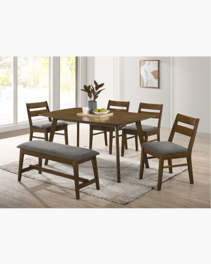 wood dining set with 4 single chairs and 1 bench on the left