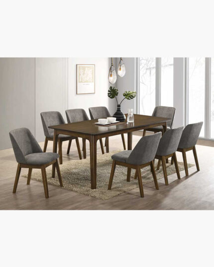 wood dining table with 8 upholstered seats
