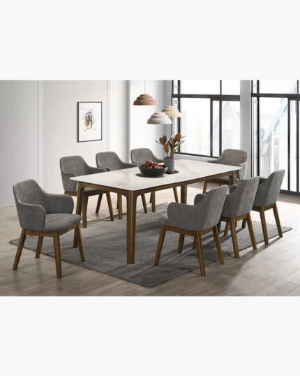 white dining set with 8 upholstered seats with armrest