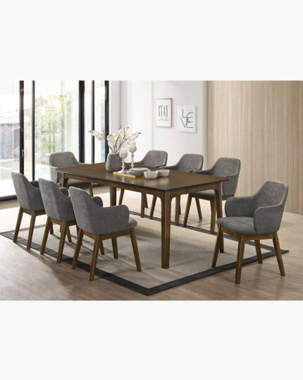 wood dining set with 8 upholstered seats with armrest