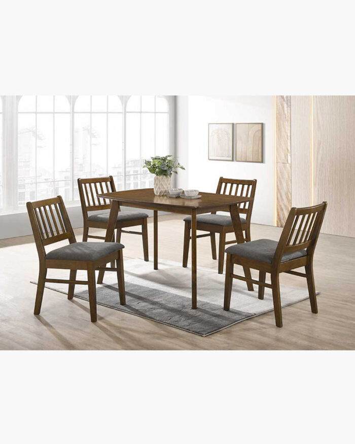 solid wood dining set with 4 slat-back chairs