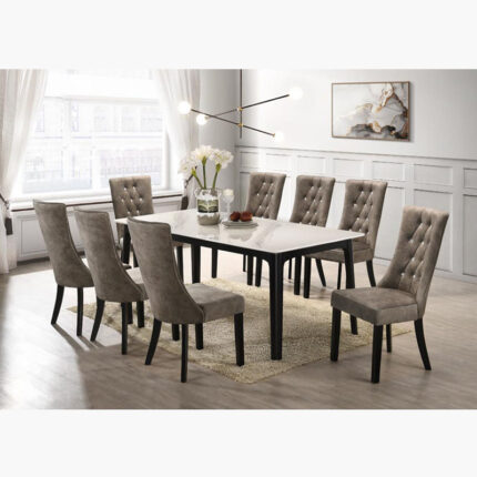 Scandinavian-inspired dining set with 8 beige single chairs