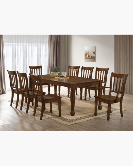 rustic-designed dining set with 8 slat-back chairs