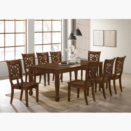 rustic dining set with 8 intricately-designed chairs