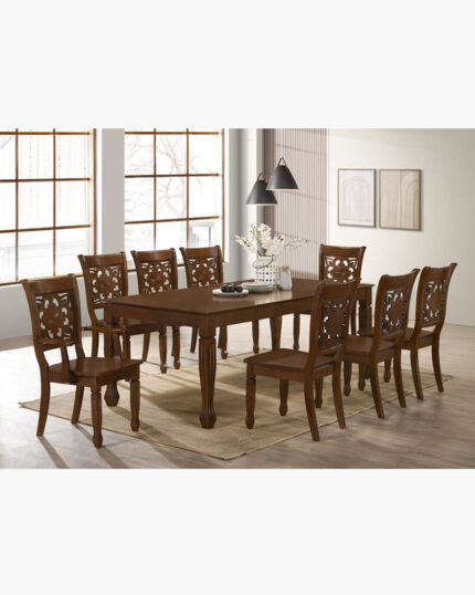 rustic dining set with 8 intricately-designed chairs