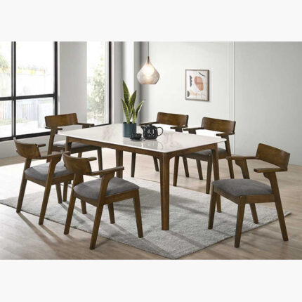 white dining table with 6 low-back chairs