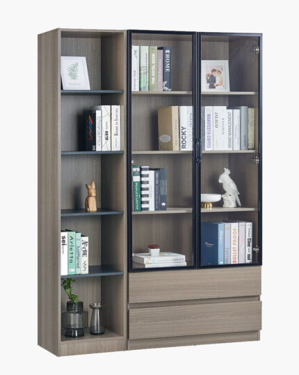 a bookcase with a glass door and shelves filled with books
