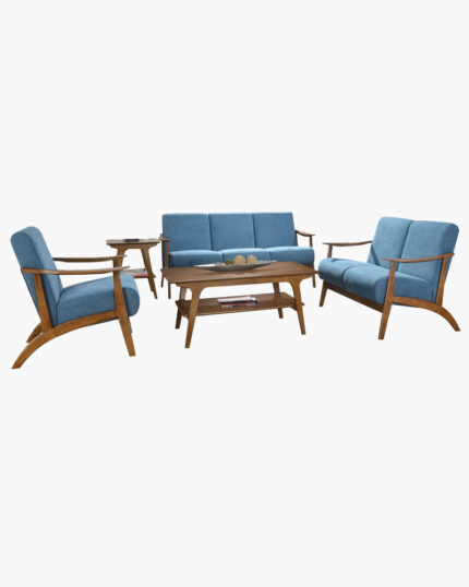 a set of blue-coloured solid wood sofa seat with a coffee table